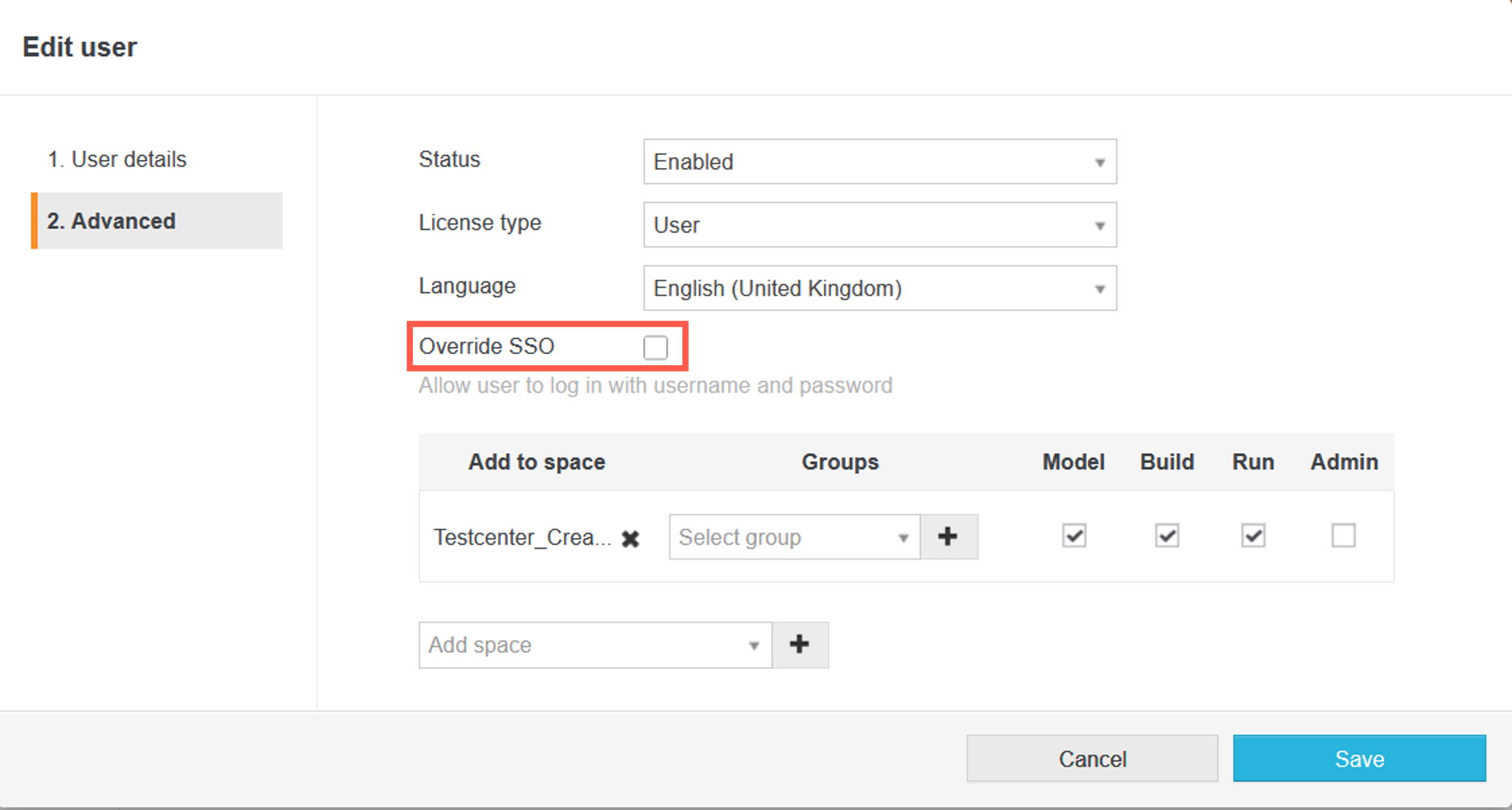 Screenshot showing Override SSO checkbox